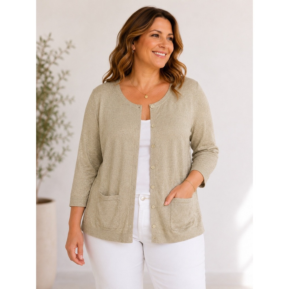 Talbots XL Gold Metallic Pima Cotton Button Front Cardigan Lightweight NEW